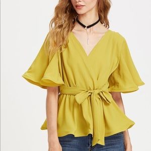 Flutter sleeves belted surplice wrap top - mustard
